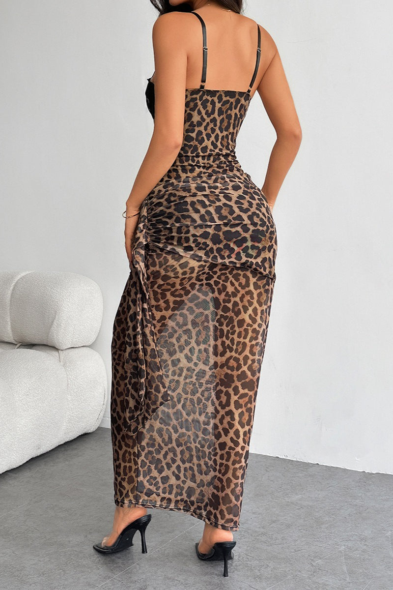 Sexy Leopard Print Lace Bodycon Maxi Dress