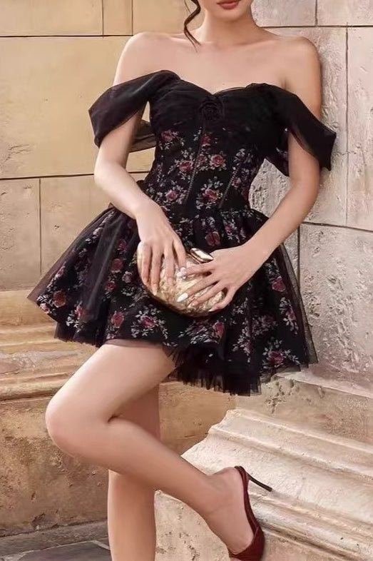Off Shoulder Bubble Sleeve Floral Mini Dress - View 3