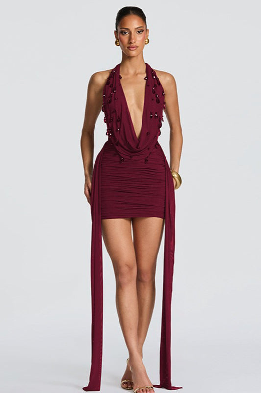 Embellished Halter Neck Plunge Ruched Mini Dress