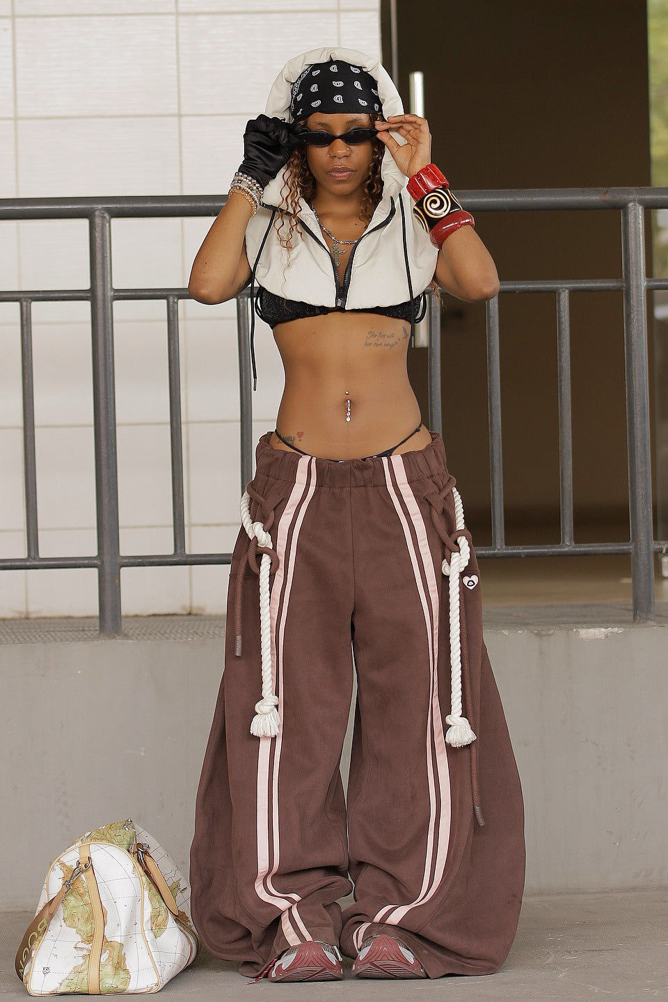 Striped Belted Wide Leg Cargo Pants