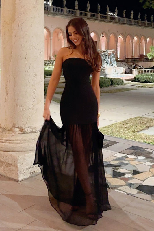 Strapless Sheer Slit Maxi Birthday Dress