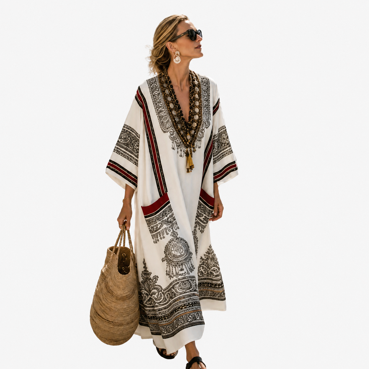 Bohemian Border Print V-Neck Kaftan Maxi Dress