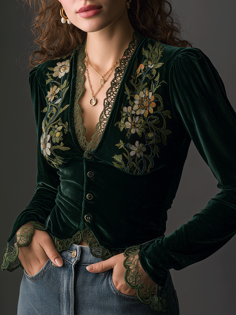 Floral Embroidered Velvet Shirt - Fashionpara
