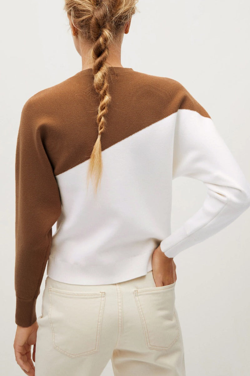 O Neck Patchwork Loose Brown Sweater  Fashionpara