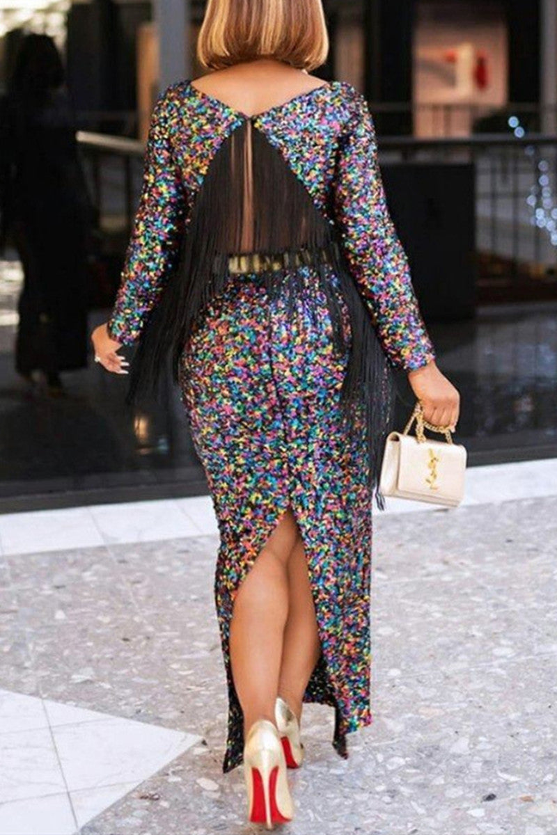Fashion Sexy Patchwork Tassel Sequins Backless Slit Without Belt O Neck Evening Dress - Fashionpara