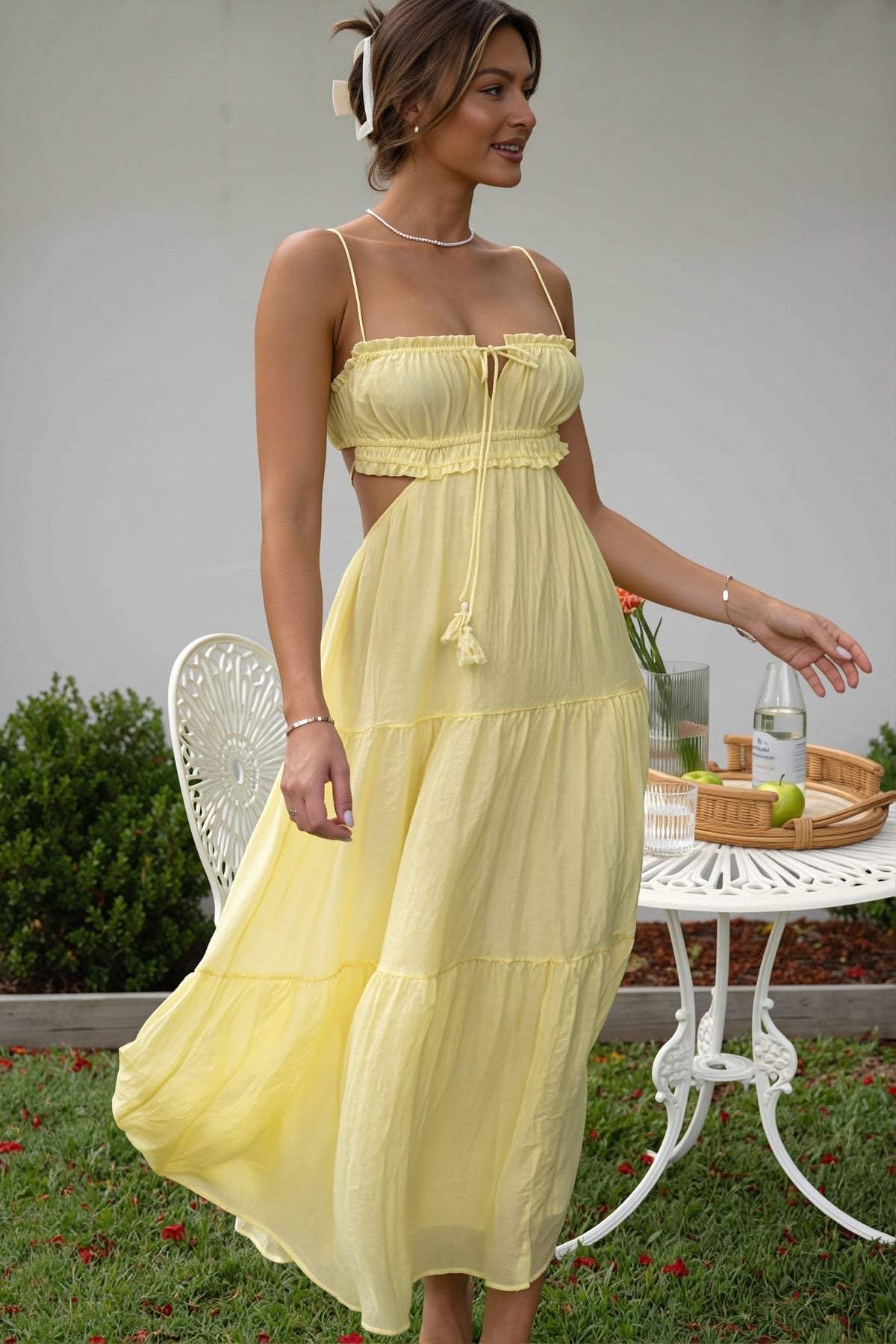 Chiffon Ruffle Tie Front Cut Out Maxi Dress 8