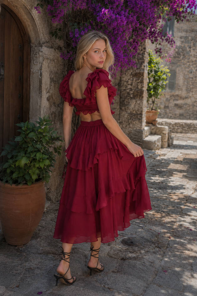Square Neck Ruffle Tiered Chiffon Midi Dress 5