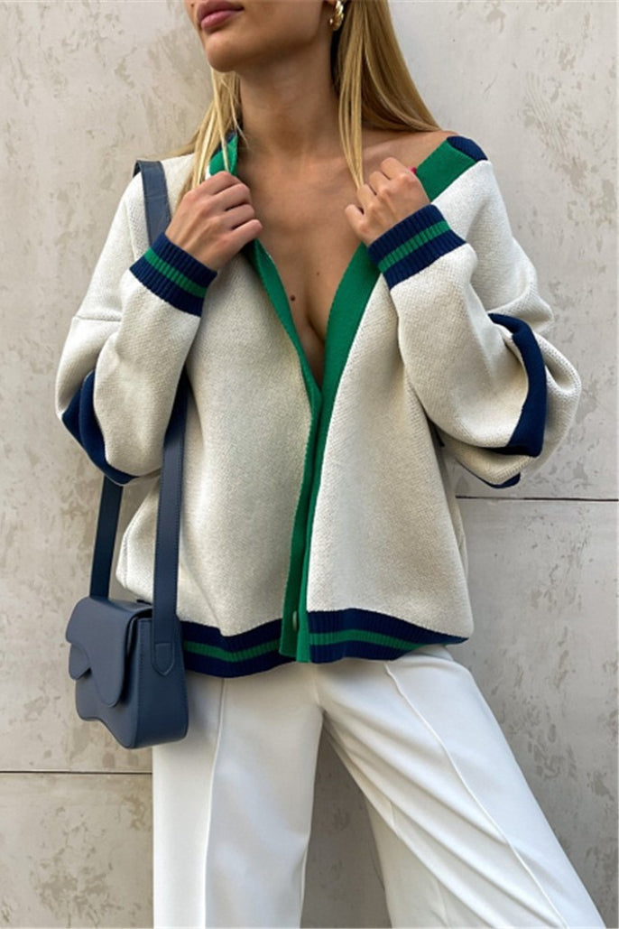 Simple Color Block Striped Relaxed Knit Cardigan 3