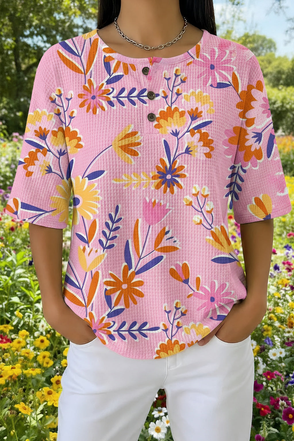 Floral Print Notch Neck Button Placket Half Sleeve Waffle Top