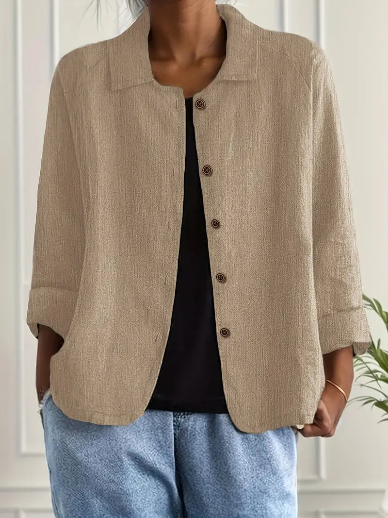 Collared Long Sleeve Button Front Linen Look Shirt 3