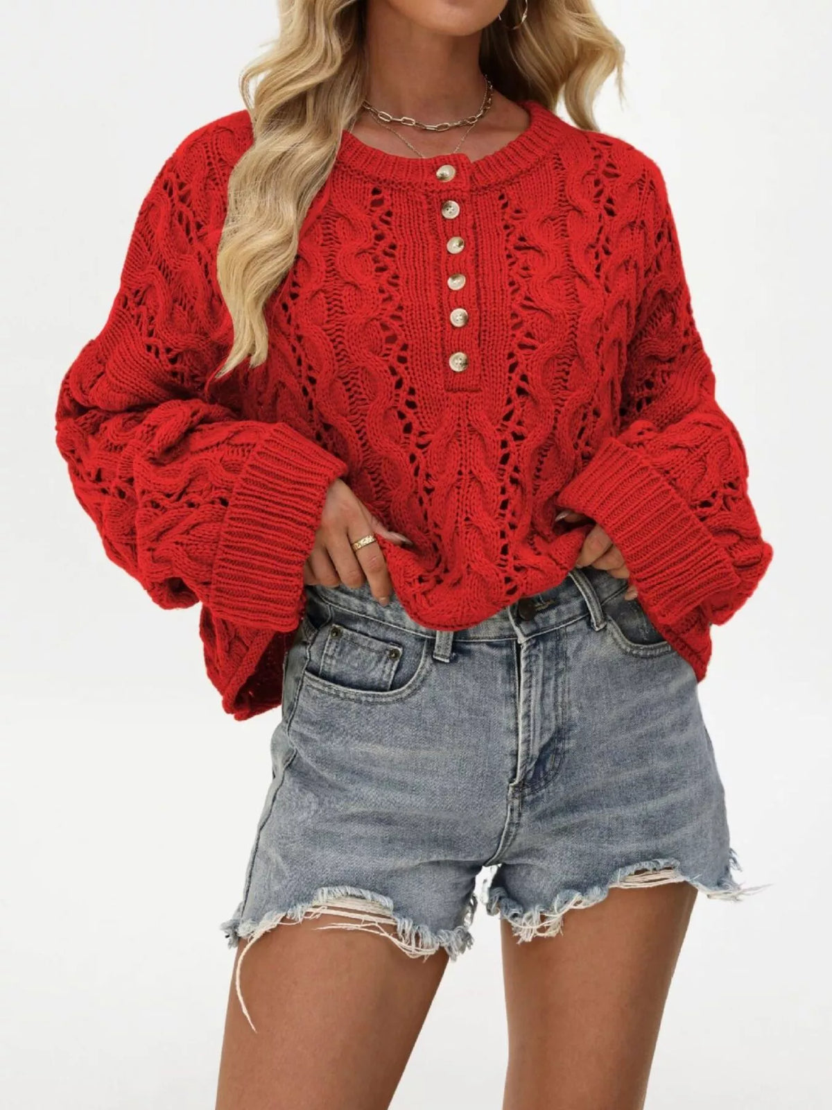 Cable Knit Half-Button Openwork Sweater 2