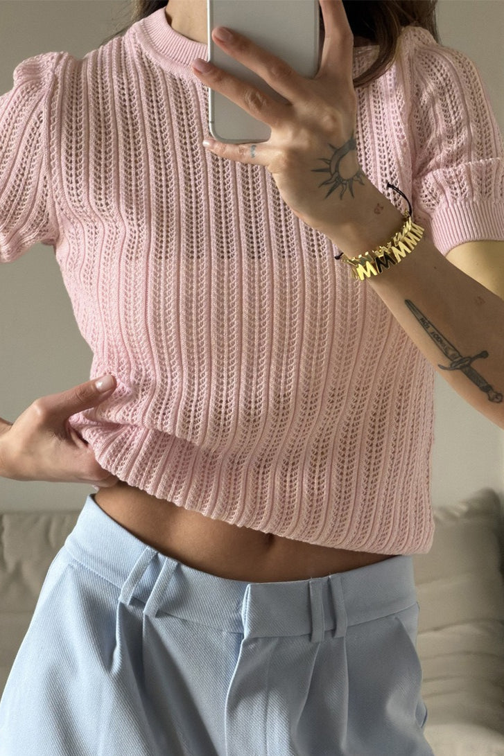 Openwork Short Sleeve Crew Neck Sweater