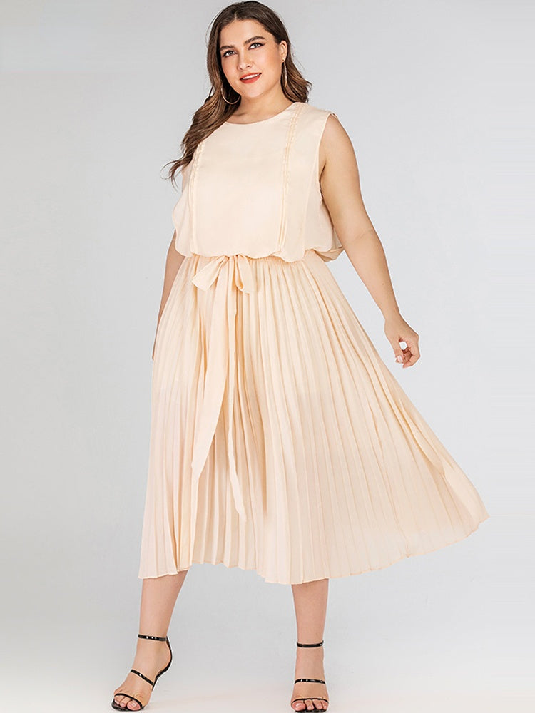 Round Neck Bow Loose Pleated Casual Dresses
