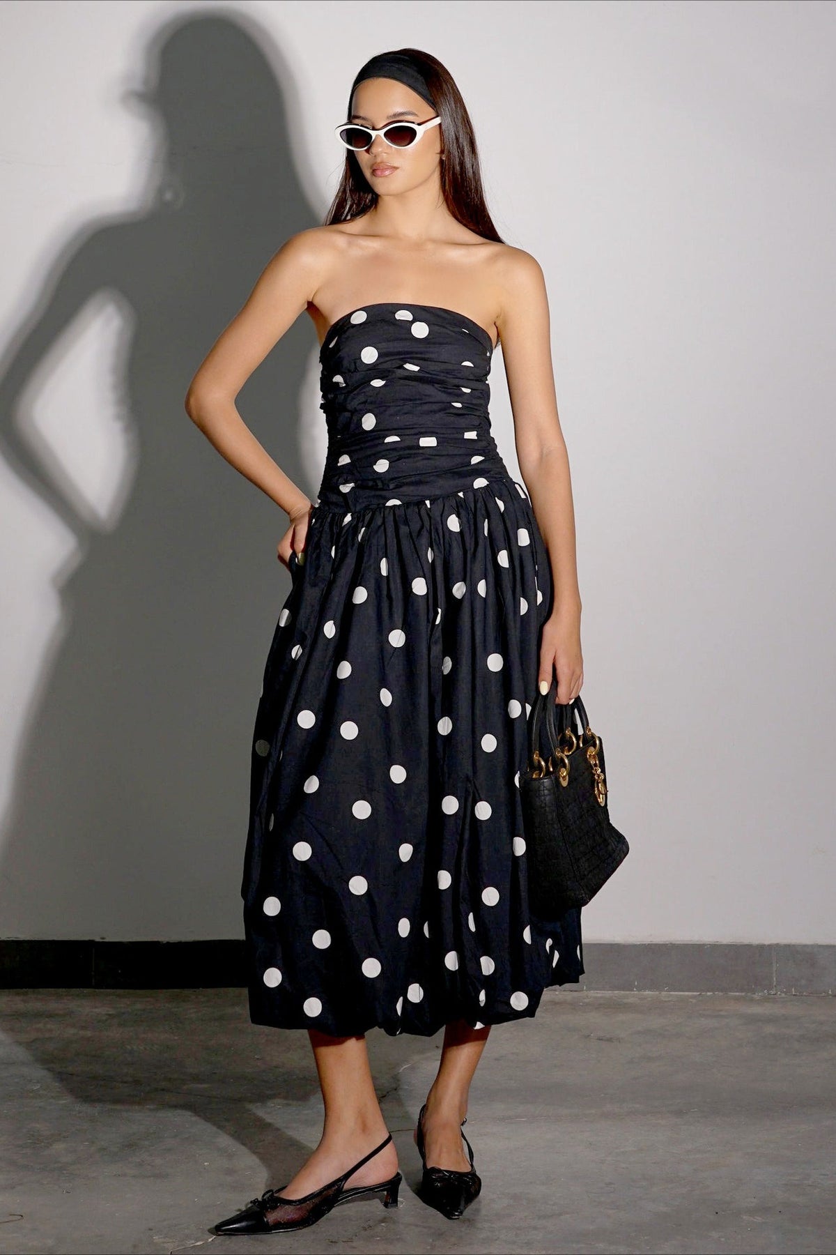 Polka Dot Strapless Drop Waist Maxi Dress
