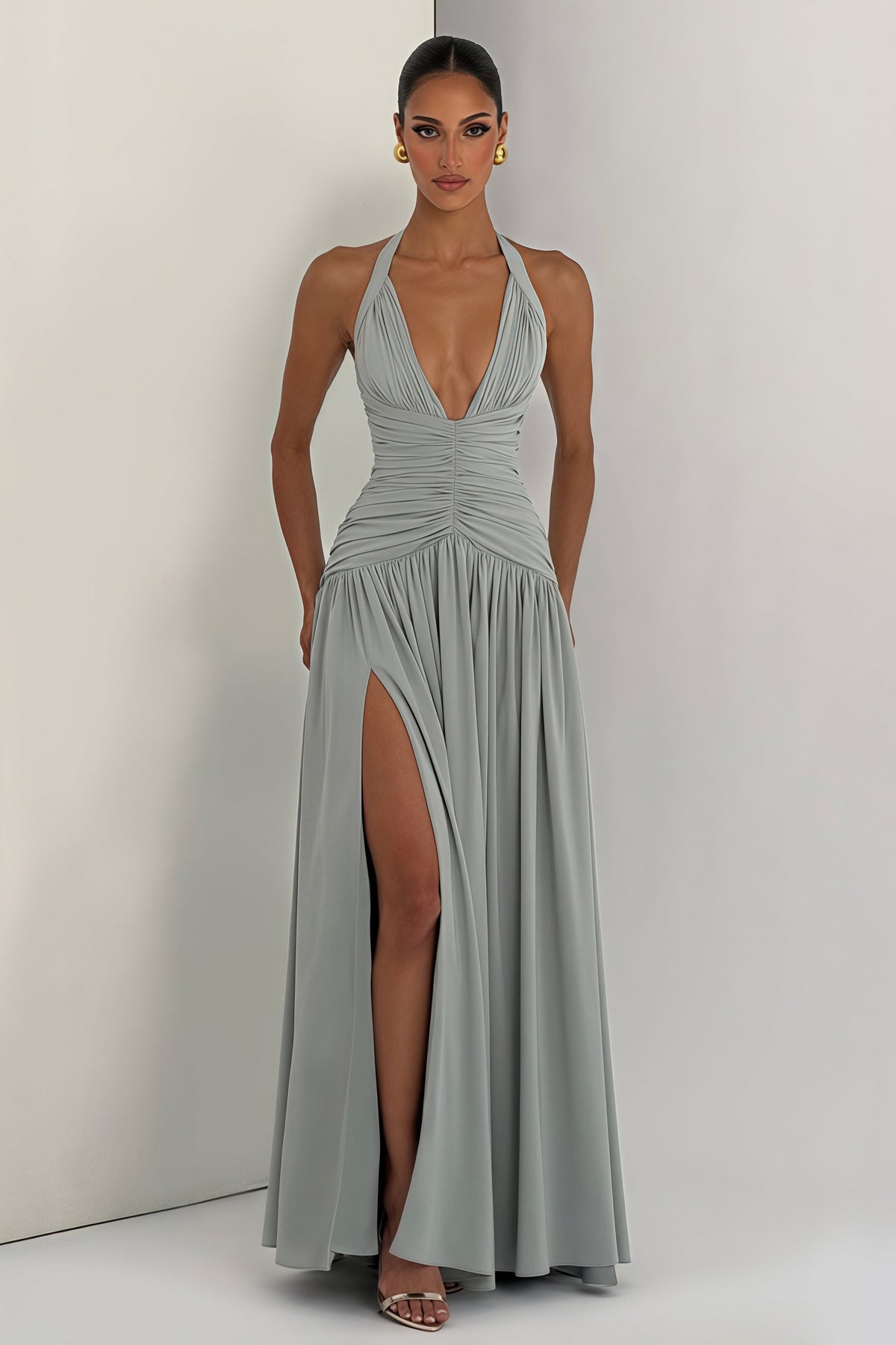 Halter Neck Plunge Ruched High Split Maxi Gown