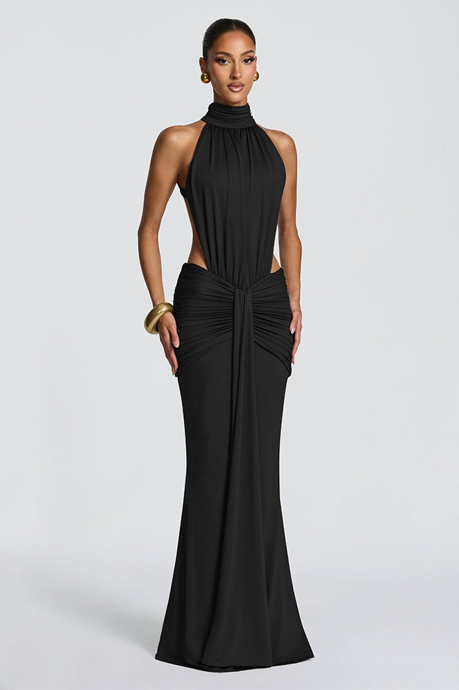 High Halter Neck Backless Ruched Mermaid Gown