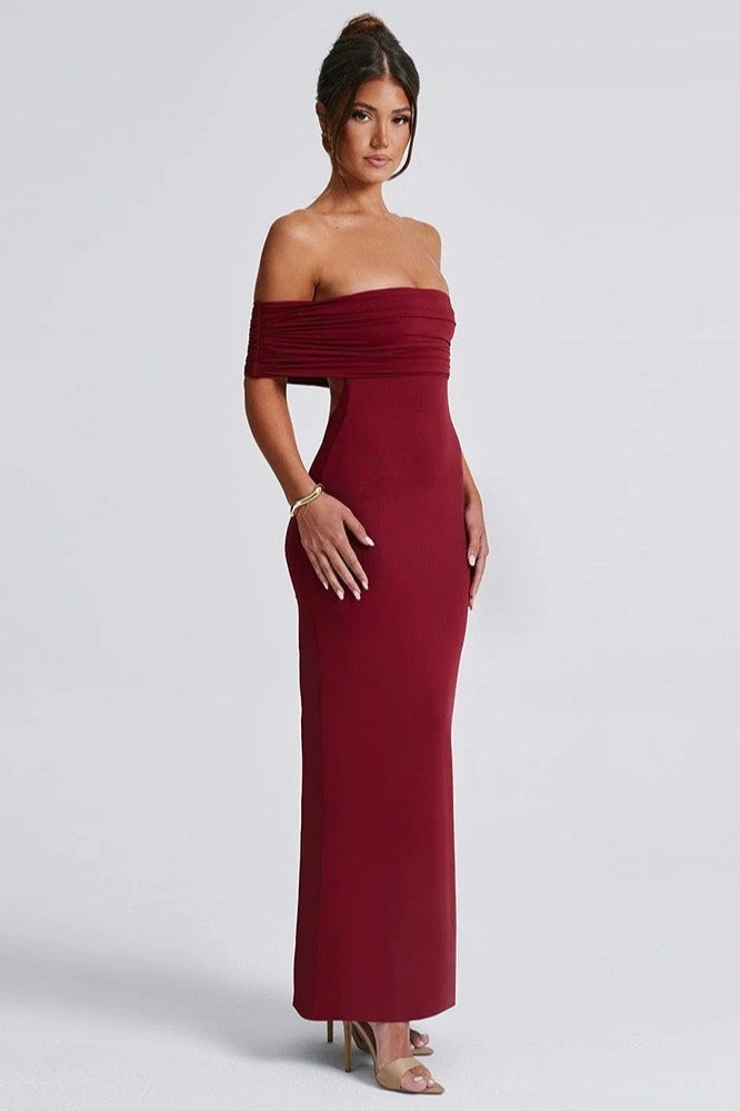 Sexy Off Shoulder Backless Bodycon Ruched Solid Formal Dress