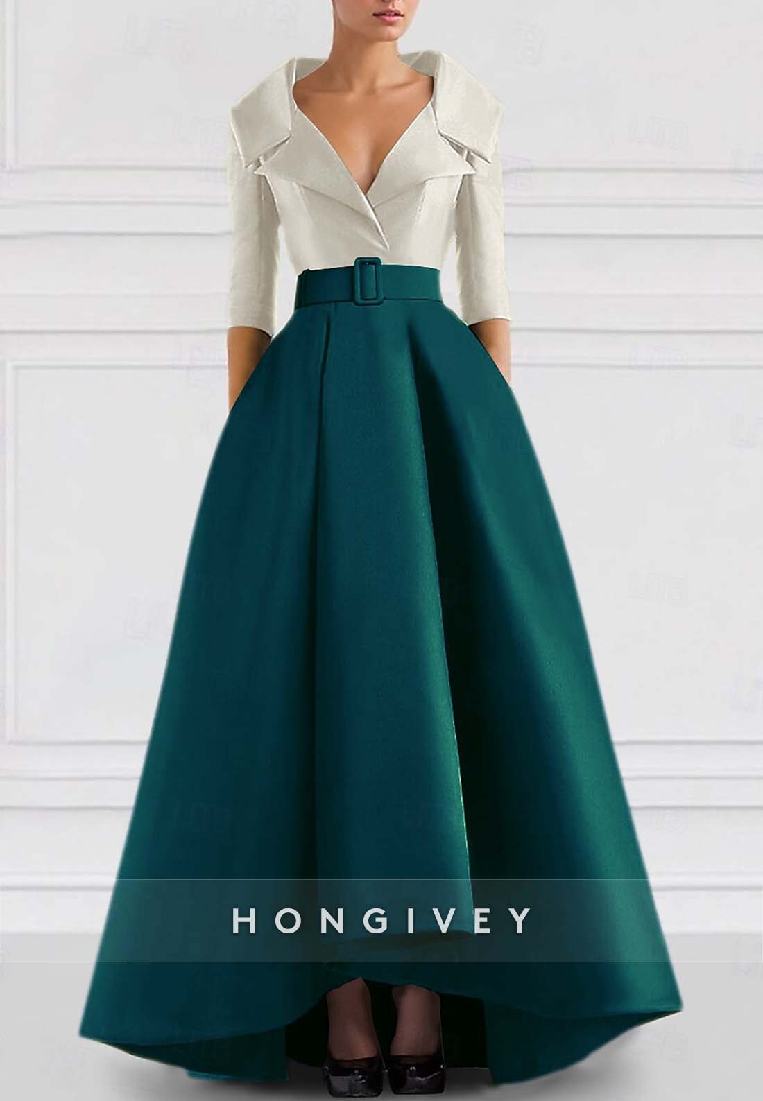 A-line Asymmetrical Evening Gown V Neck Half Sleeve Pockets Pleated Waistband Mother of the Bride