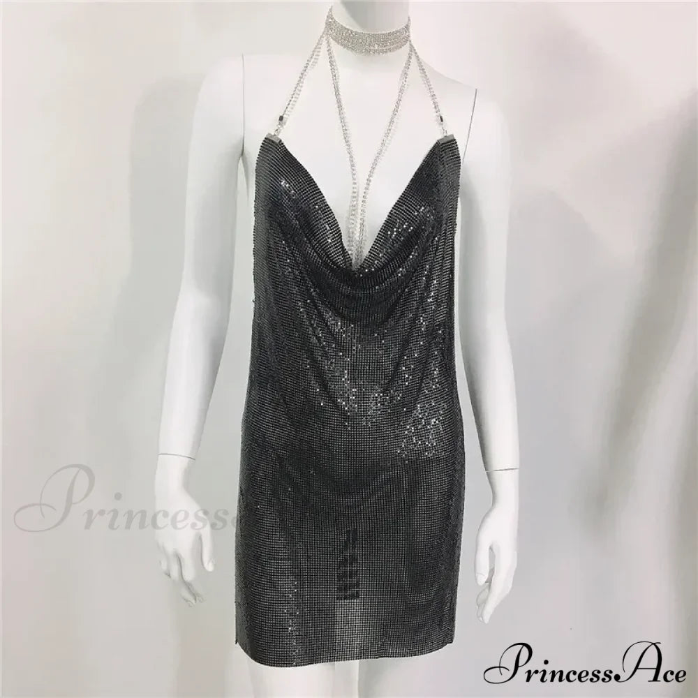 Diamond Halter Sequin Party Dress Black / S Partydress-241208