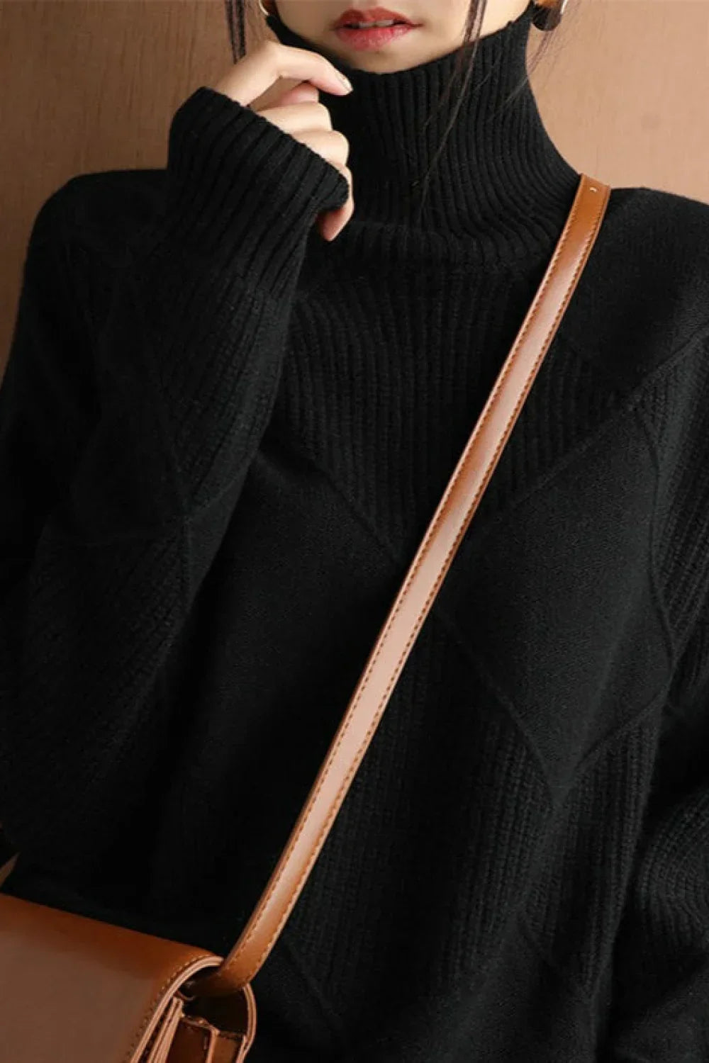 Diamond Pattern Turtleneck Loose Long-Sleeve Sweater
