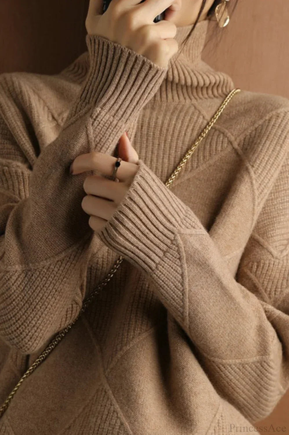 Diamond Pattern Turtleneck Loose Long-Sleeve Sweater