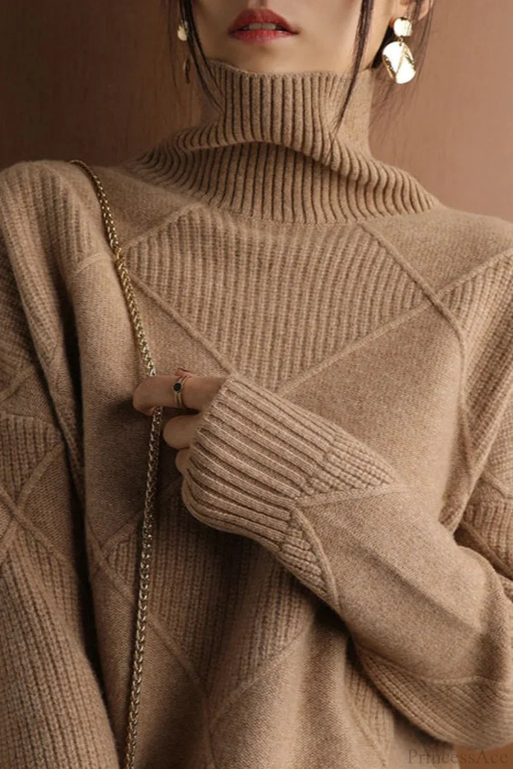 Diamond Pattern Turtleneck Loose Long-Sleeve Sweater Brown / S