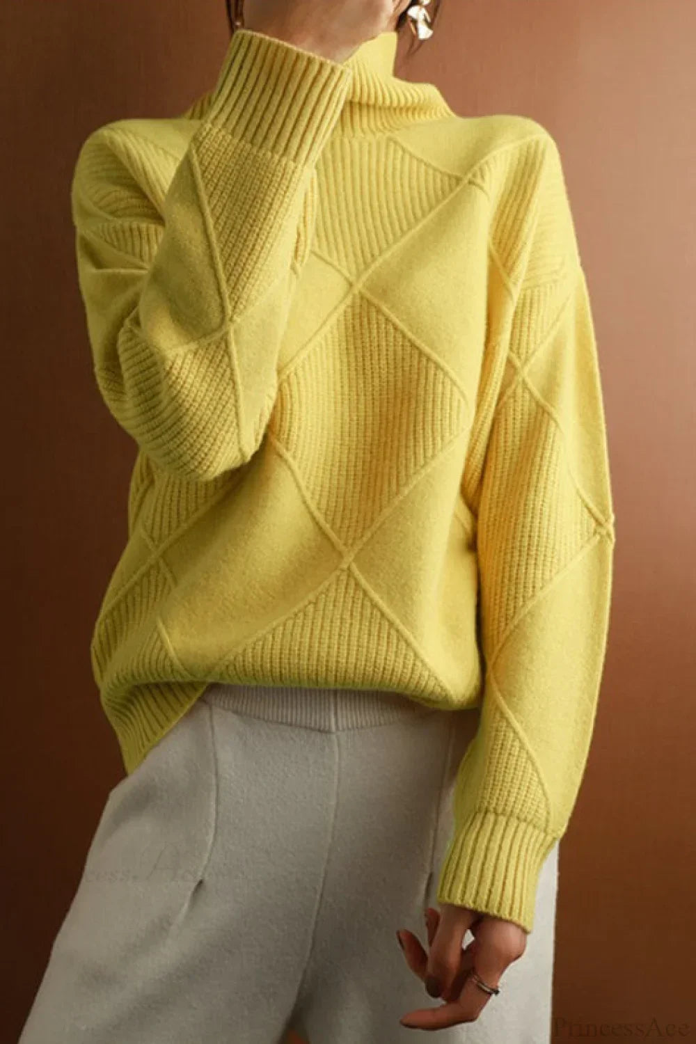 Diamond Pattern Turtleneck Loose Long-Sleeve Sweater Yellow / S
