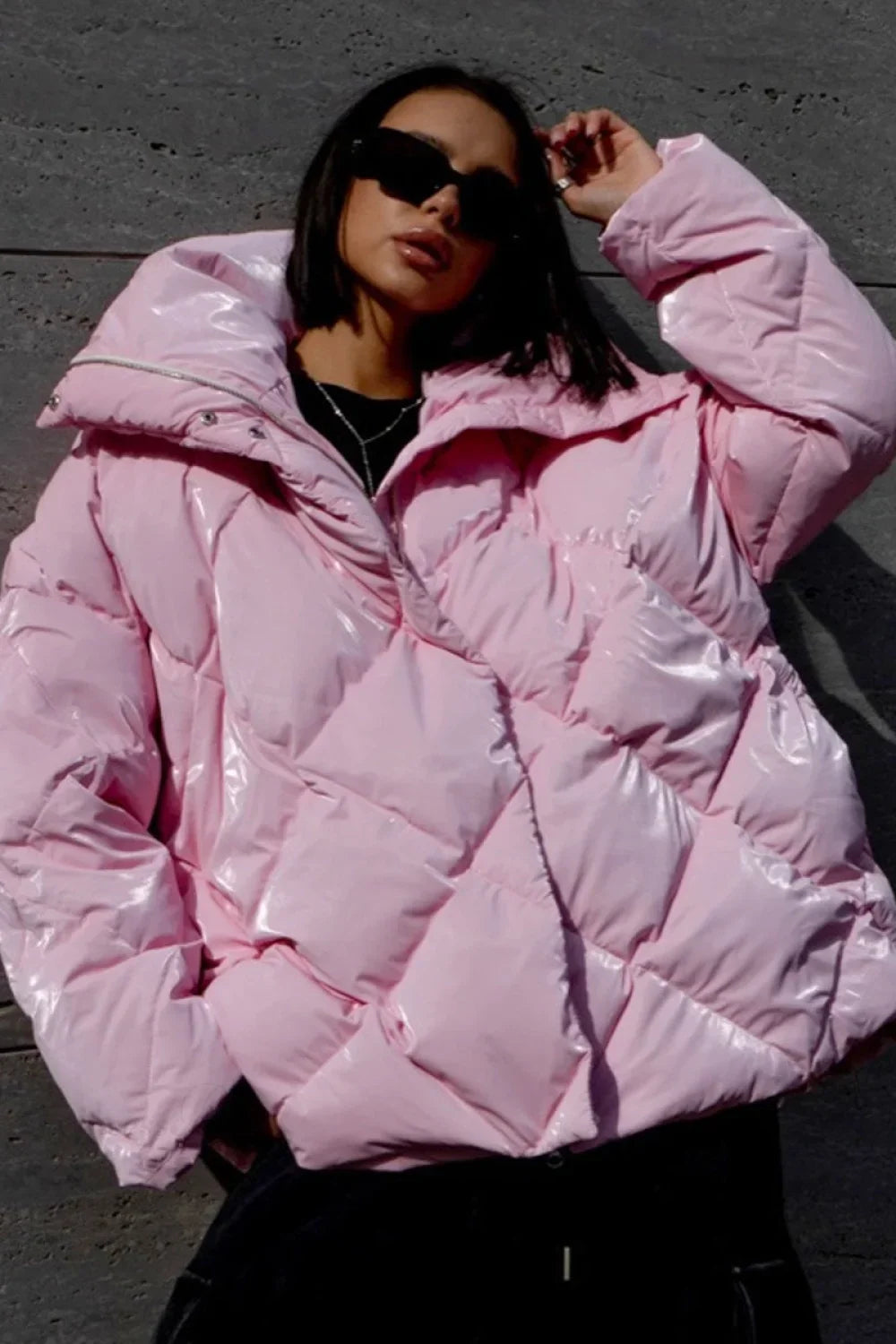 Diamond Quilted Matte Shiny Oversized Wide Lapel Coat 6