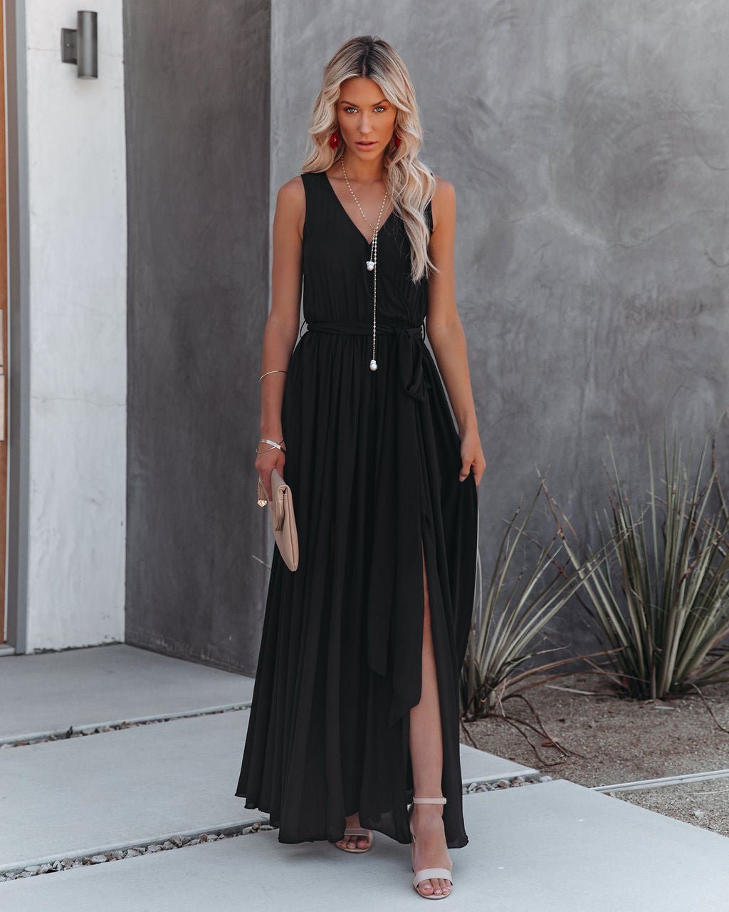 V-Neck Sleeveless Wrap Tie-Waist Maxi Dress