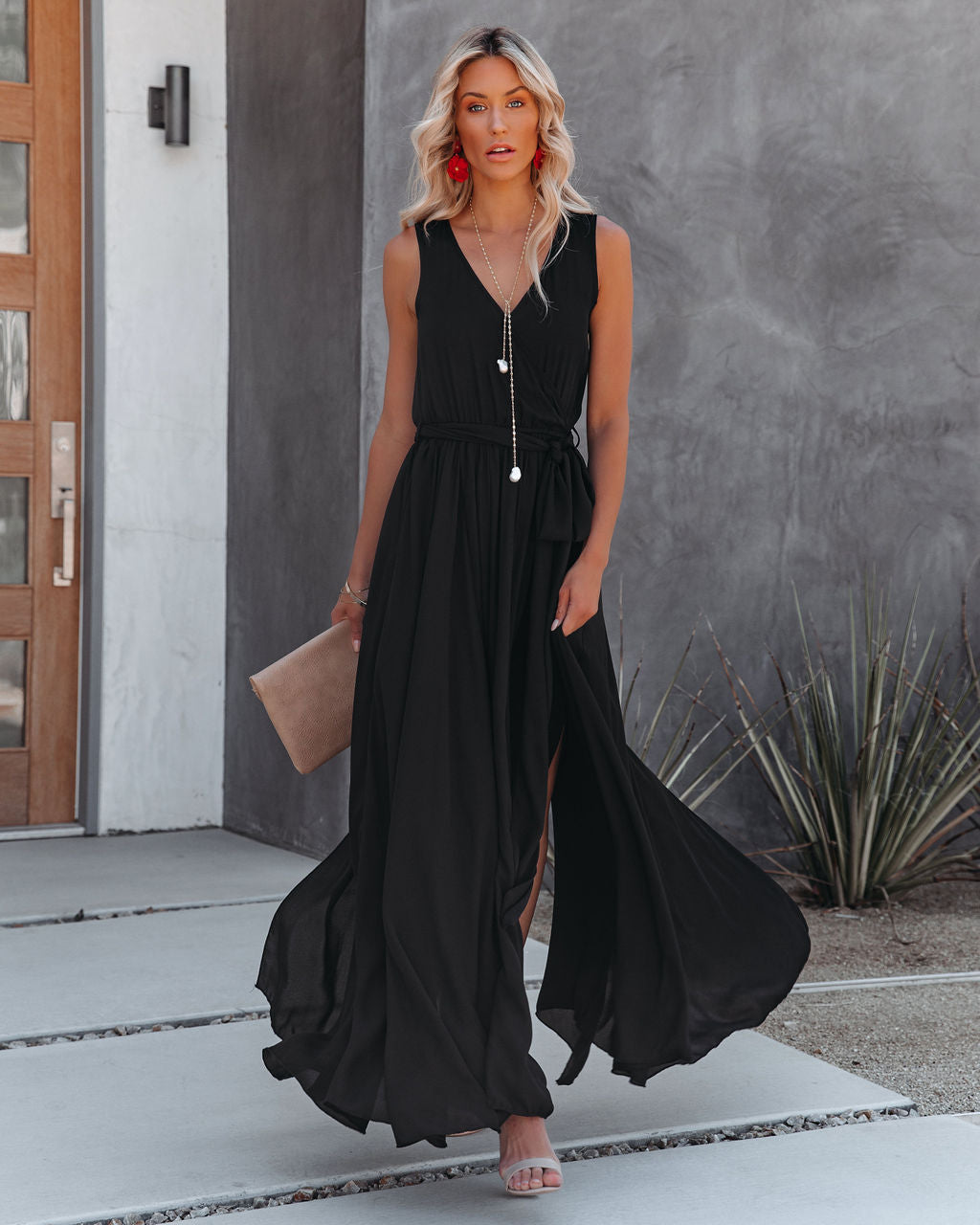 V-Neck Sleeveless Wrap Tie-Waist Maxi Dress