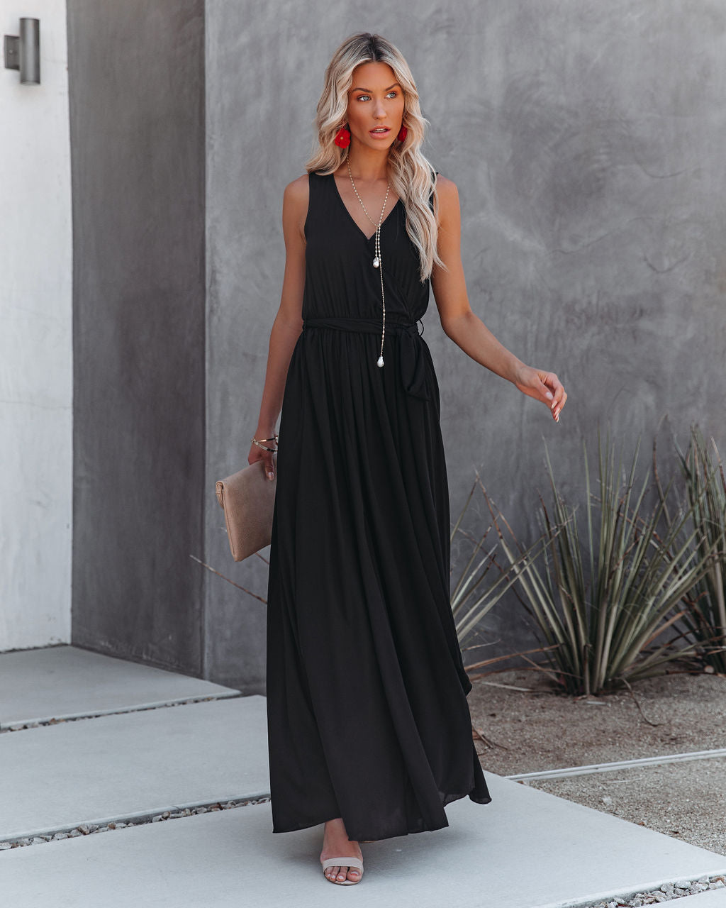 V-Neck Sleeveless Wrap Tie-Waist Maxi Dress