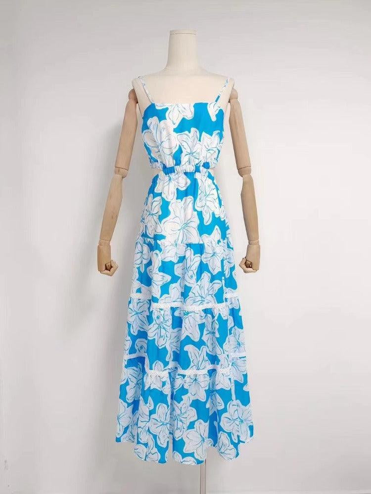 KittenAlarm - Diane Spaghetti Strap Hollow Out Aloha Print Maxi Dress