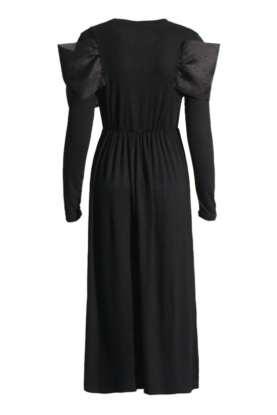 Distinctive Bow Knot Crew Neck Long Sleeve Fit & Flare Jersey Midi Dress - Fashionpara