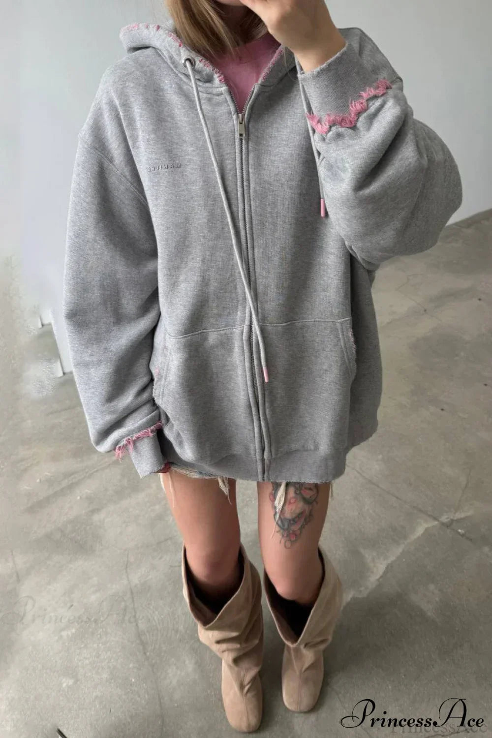 Distressed Pink Zip Loose Hoodie 3