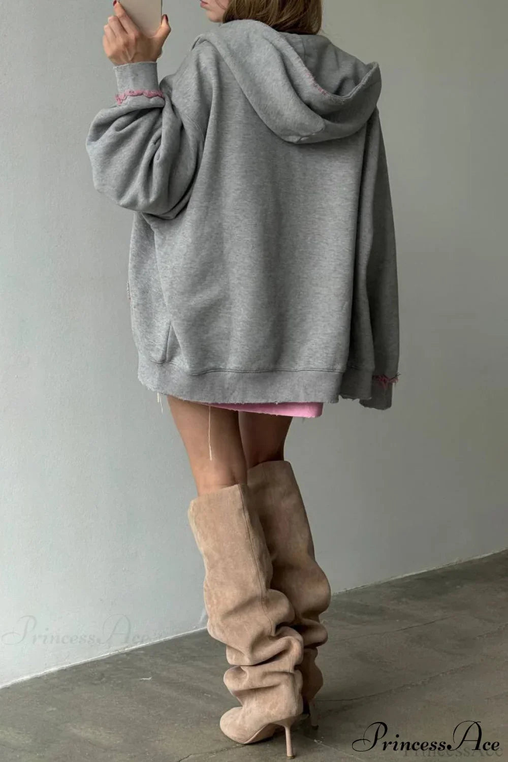 Distressed Pink Zip Loose Hoodie 4