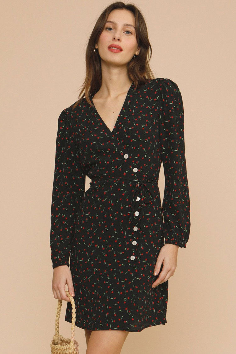 Ditsy Floral Deep V Puff Sleeve French Wrap Mini Dress - Black Fashionpara