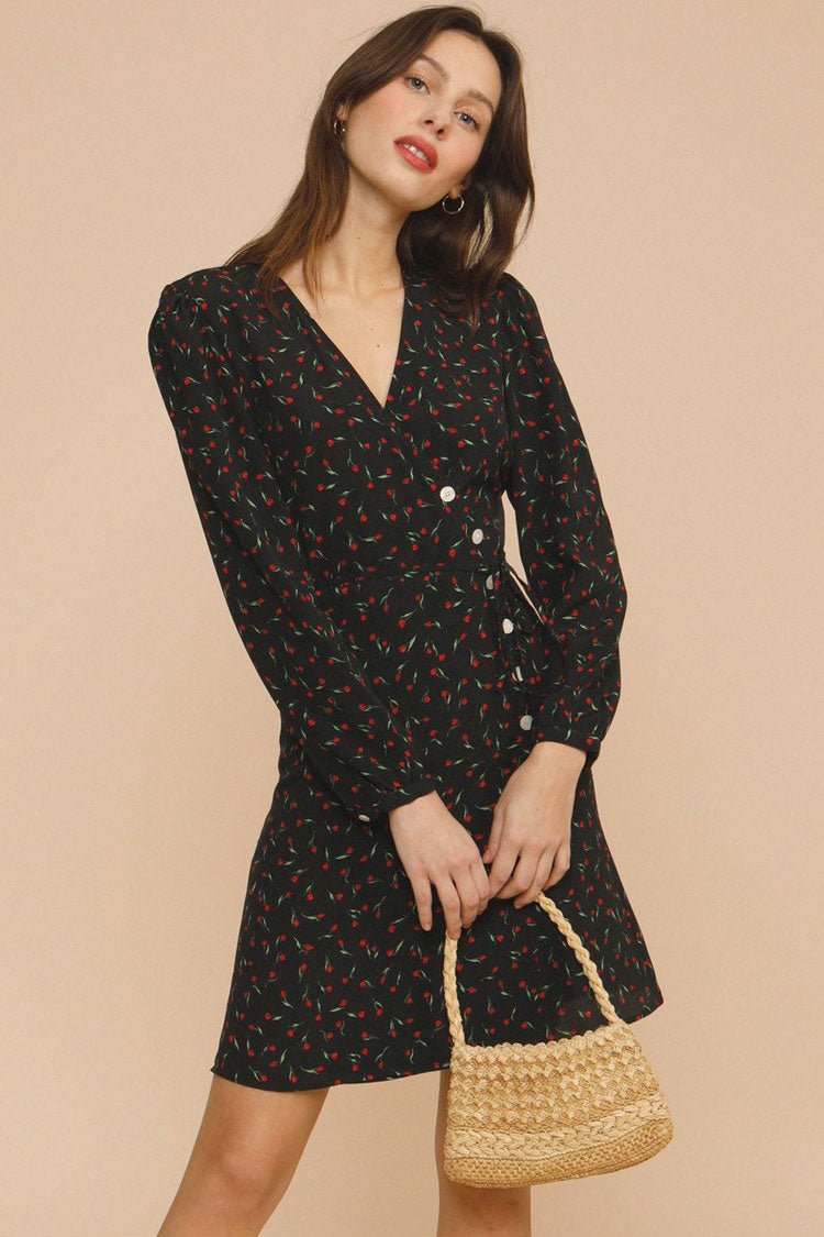 Ditsy Floral Deep V Puff Sleeve French Wrap Mini Dress - Black Fashionpara