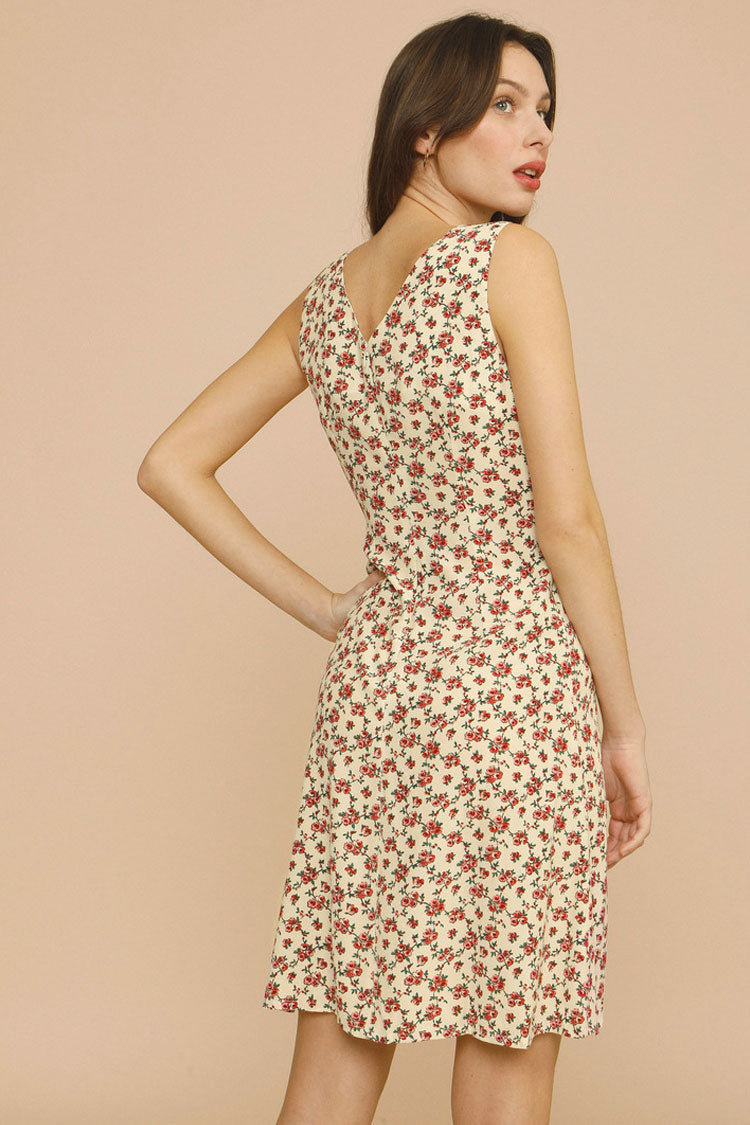 Ditsy Printed V Neck Sleeveless French Midi Sundress - Cream - Fashionpara