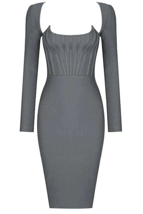 Diva Notch Scoop Neck Long Sleeve Bandage Bodycon Mini Dress - Gray Fashionpara