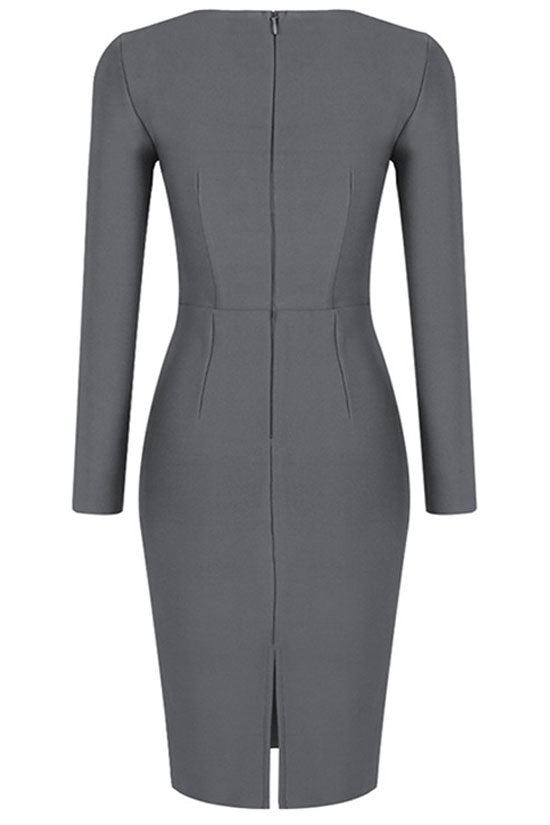 Diva Notch Scoop Neck Long Sleeve Bandage Bodycon Mini Dress - Gray Fashionpara