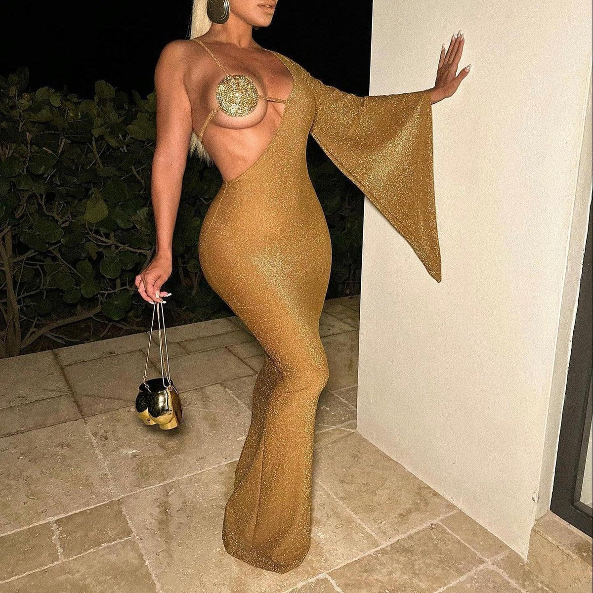 Glitter Rhinestone Bralette Spaghetti-Strap Bodycon Maxi Dress 7