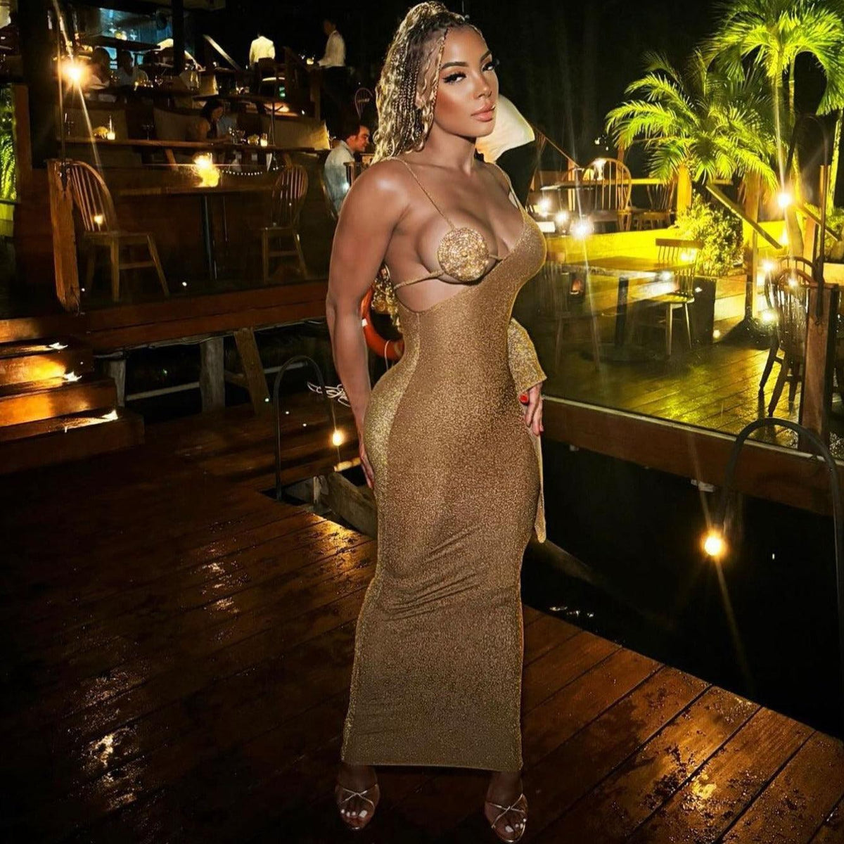 Glitter Rhinestone Bralette Spaghetti-Strap Bodycon Maxi Dress 5
