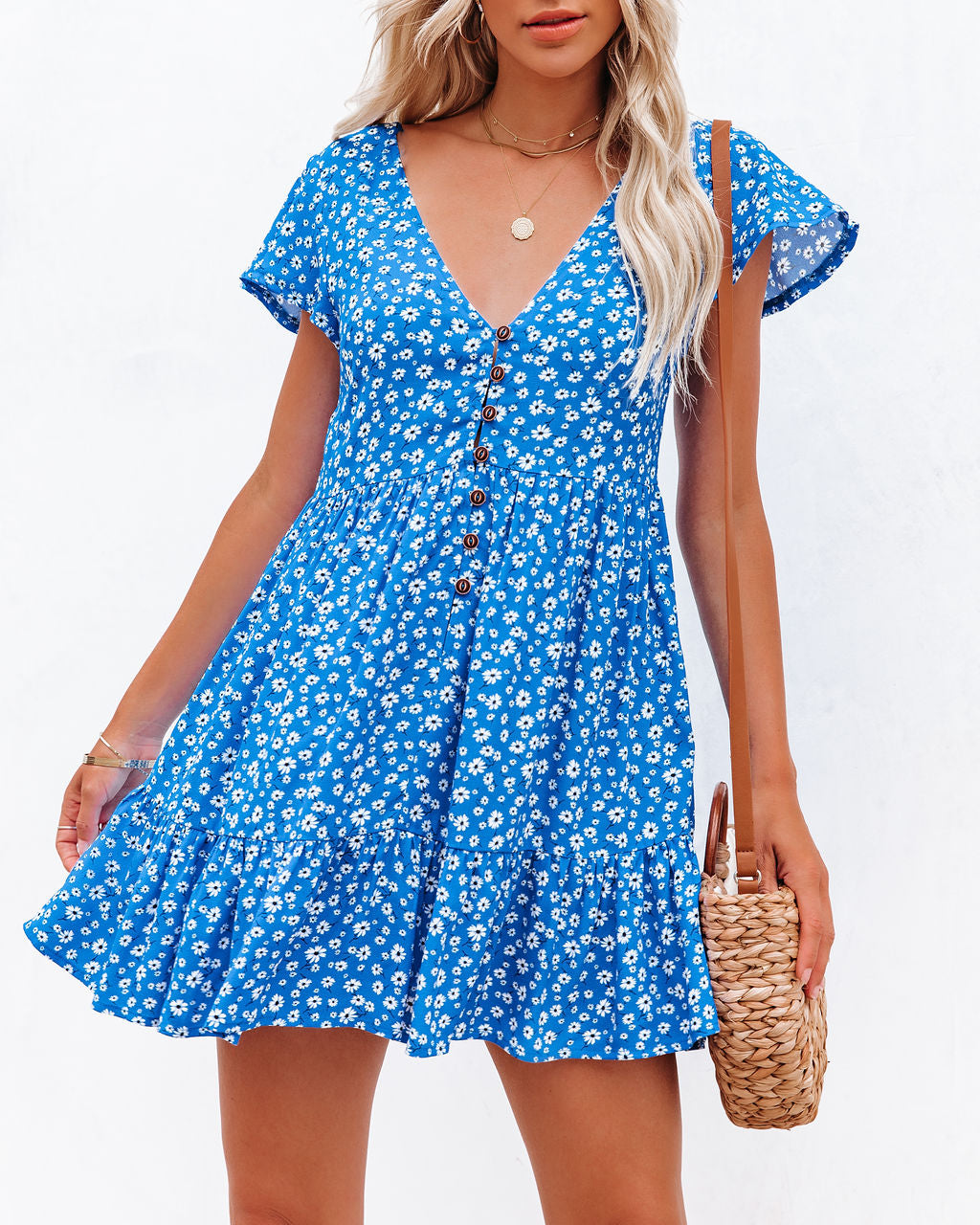 Floral Print V-Neck Flutter Sleeve Button Front Tiered Mini Dress