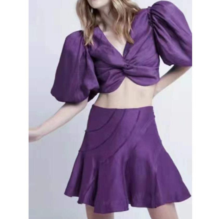 KittenAlarm - Dixie Puff Sleeve Crop Top & Ruffle Skirt Set