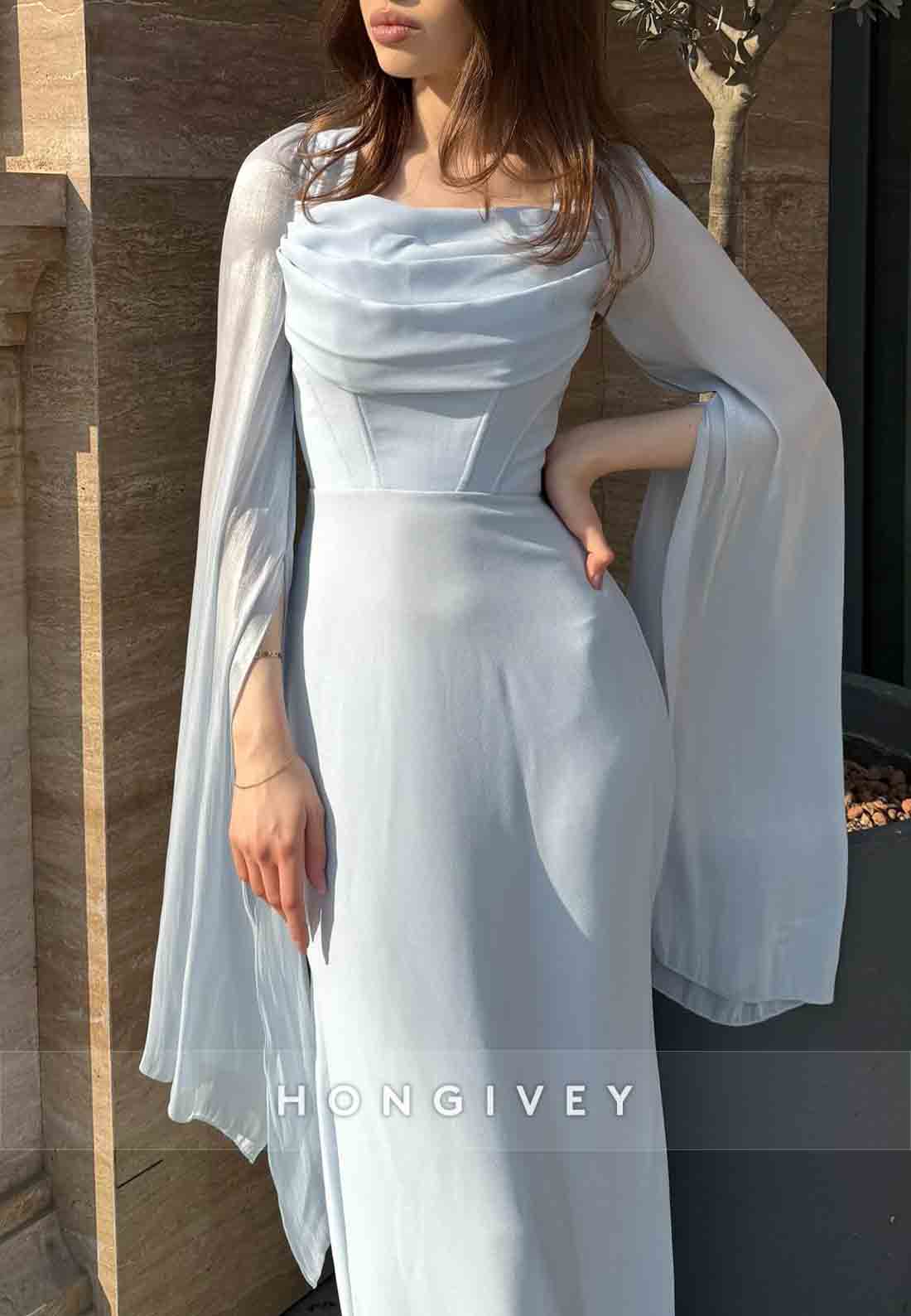 Square Guest of Wedding Cowl Neck Sheath Pleated Floor-Length Evening Gowns