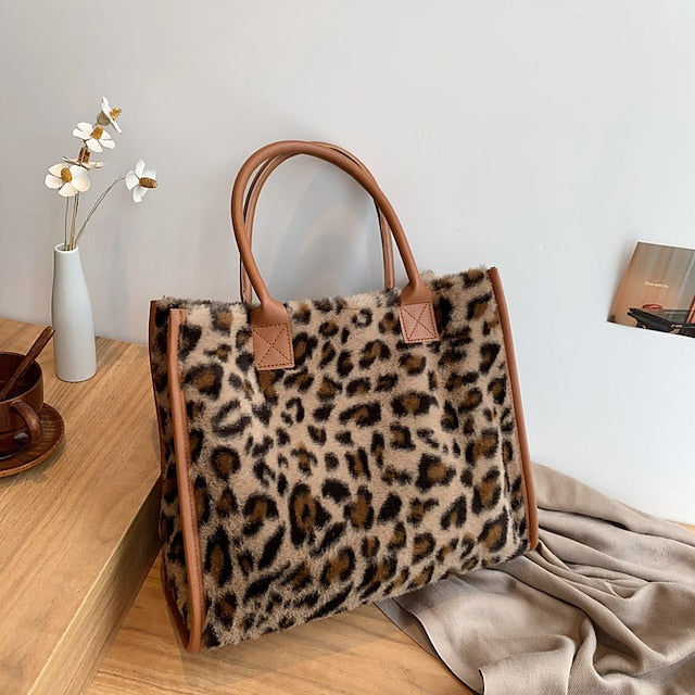 Tote Bag with Leather Faux Leopard Print Brown Fur