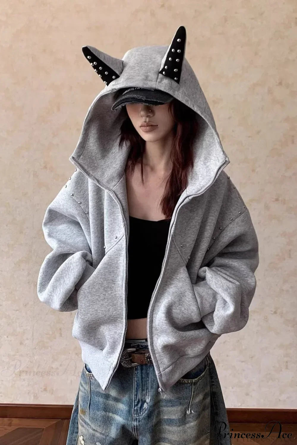 Doberman Ear Trimmed Rivet Patchwork Cropped Zip Hoodie Grey / M