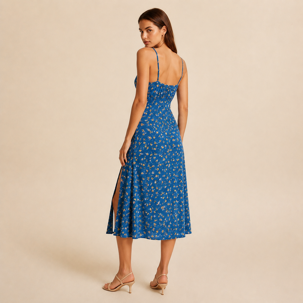 Ditsy Floral Strappy High Split Satin Midi Dress 18