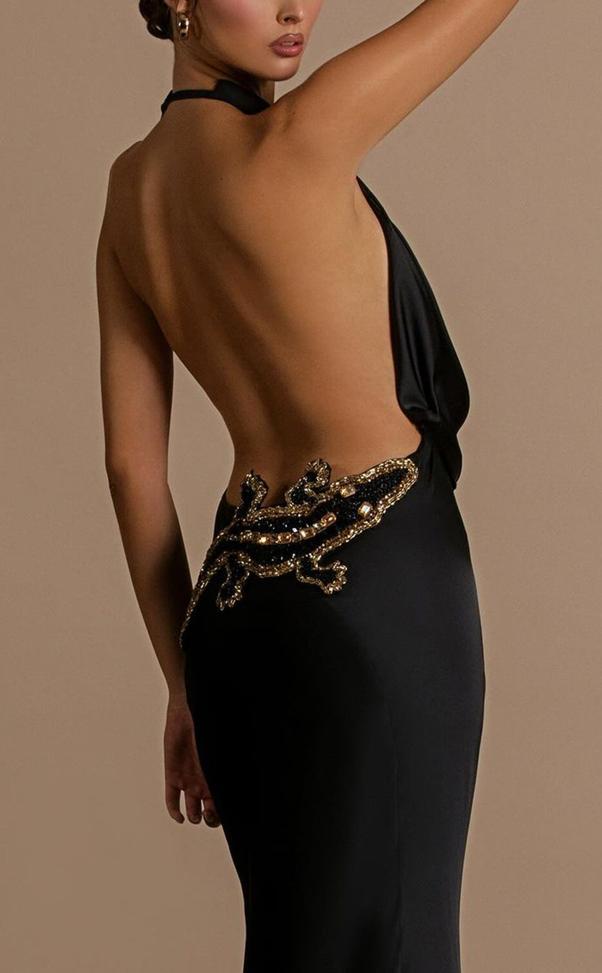 L2063 - Sexy Satin Trumpt Halter Empire Open Back Beaded Appliques With Train Party Prom Evening Dress - Fashionpara