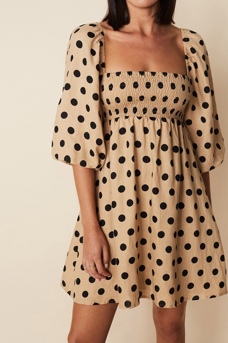 Dotted Puff Sleeve Square Neck Summer Mini Dress - Coffee Fashionpara